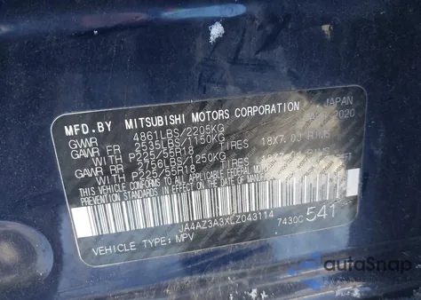 2020 Mitsubishi Outlander Es 2.4 S-Awc/Le 2.4 S-Awc/Se 2.4 S-Awc/Sel 2.4 S-Awc/Sp 2.4 S-Awc z USA, uszkodzony, nr VIN JA4AZ3A3XLZ043114